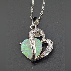 Elegant Sterling Silver Heart-Shaped Opal & Clear Stones Pendant Necklace